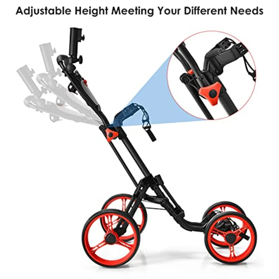 Folding Golf Push Cart 4 Wheel Height Adjustable with Flexible Umbrella Holder Cup Holder and Foot Brake Lightweight Portable G